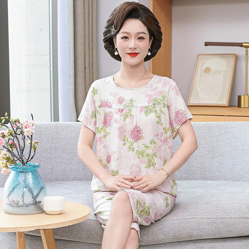 2020#棉绸睡衣女款夏季绵绸短袖七分裤薄款夏款家居服套装【@家居】