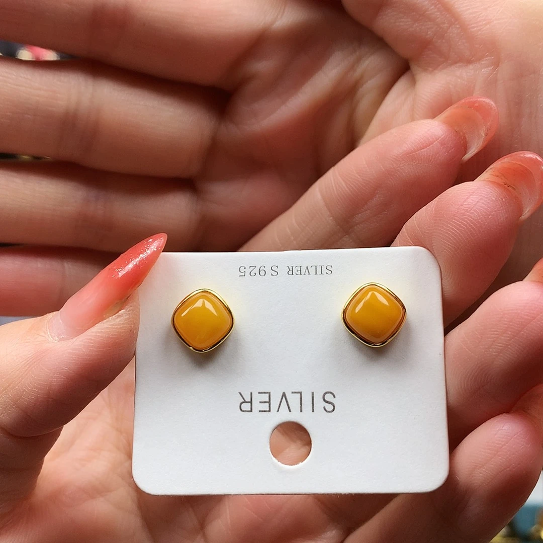 蜜蜡银S925镶嵌耳饰耳钉