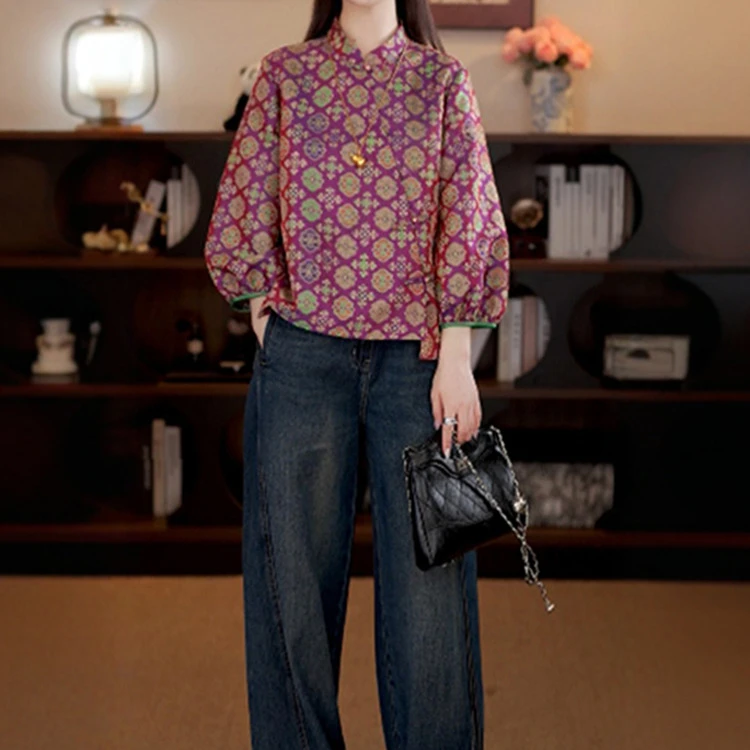 新中式国风长袖衬衫女士春秋装新款洋气立领印花上衣气质显瘦上衣