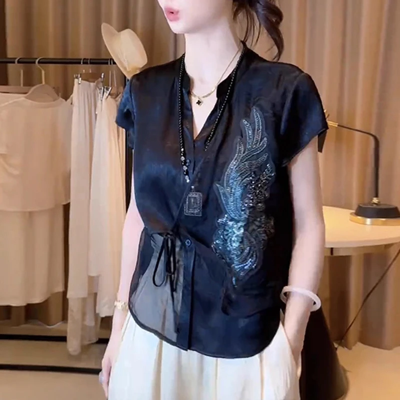 夏季超好看独特漂亮高级感小众不撞衫上衣高端欧货洋气黑色衬衫女