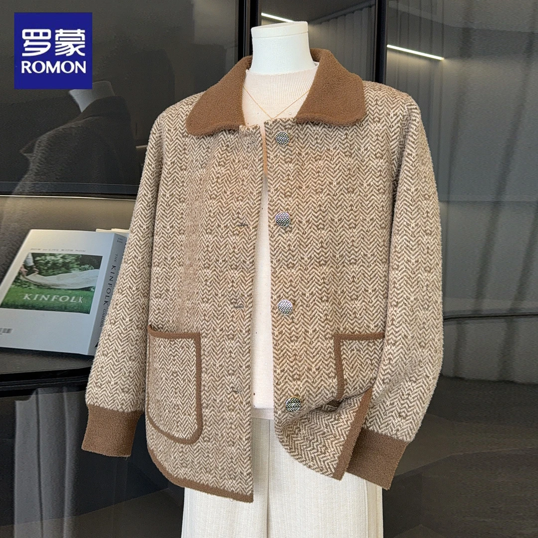罗蒙妈妈秋装外套2025新款中老年人洋气休闲毛呢上衣服针织开衫女