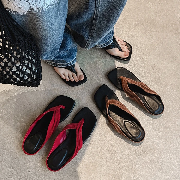 拖鞋女款2025新款爆款方头撞色系慵懒风人字拖.拖鞋女鞋外穿夏季