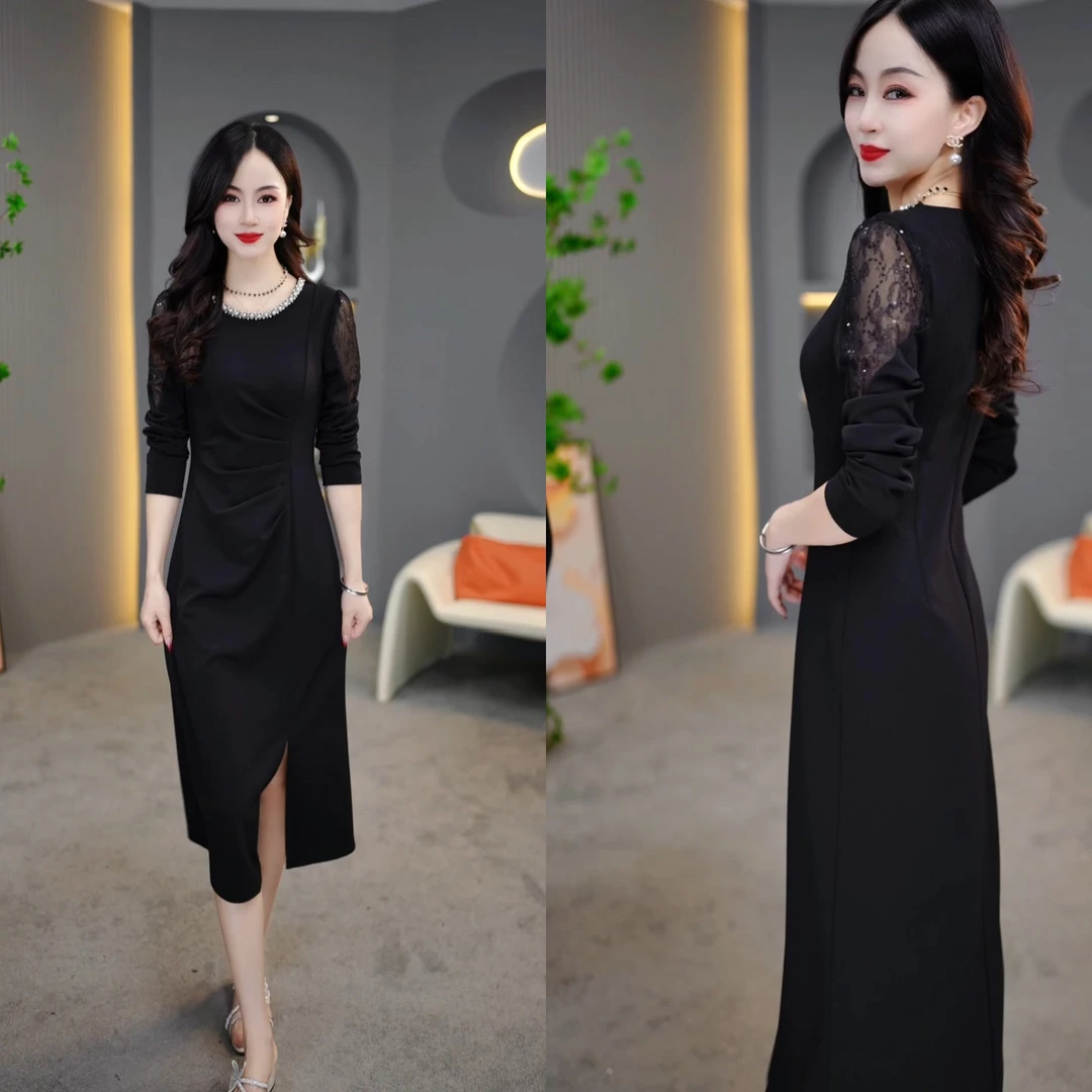 2025秋季新款开叉气质收腰长袖时尚女士黑色修身女装连衣裙M-4XL