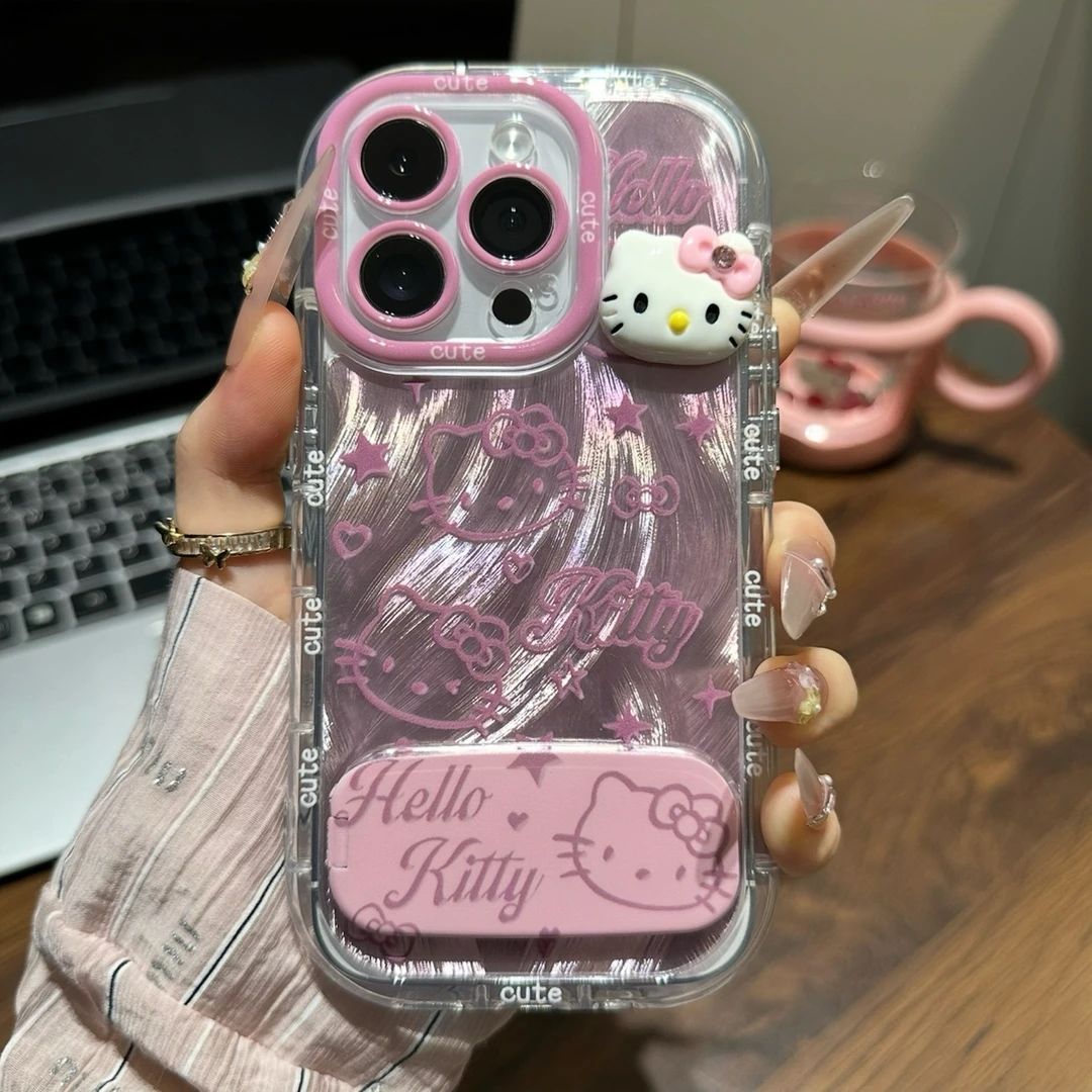 粉晕染羽纱纹kitty支架适用苹果16promax手机壳小米vivo华为oppo