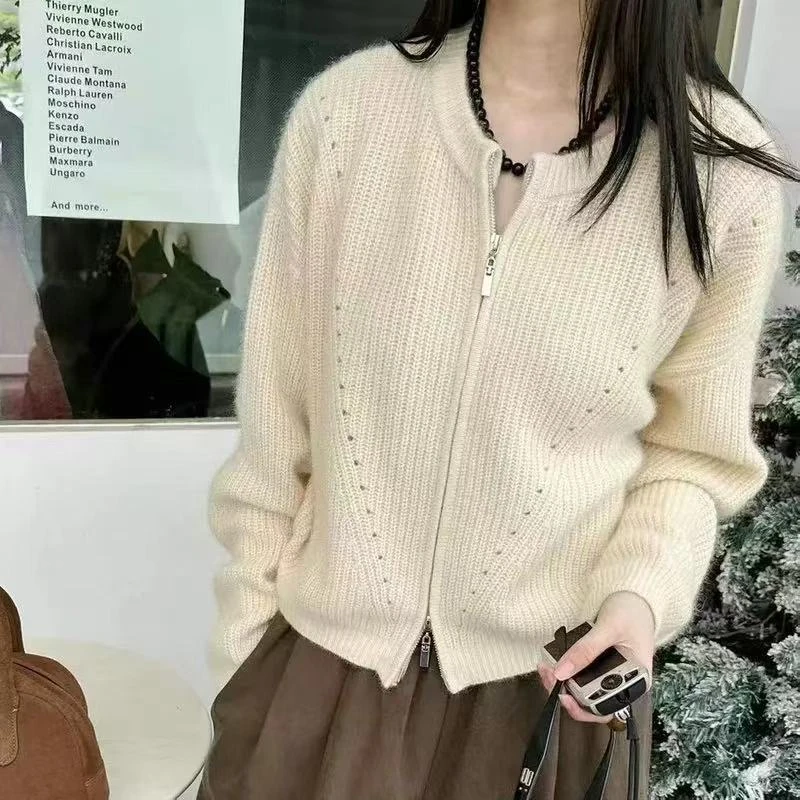 新款双拉链短款毛衣开衫气质厚款圆领羊毛衫简约百搭宽松打底开衫