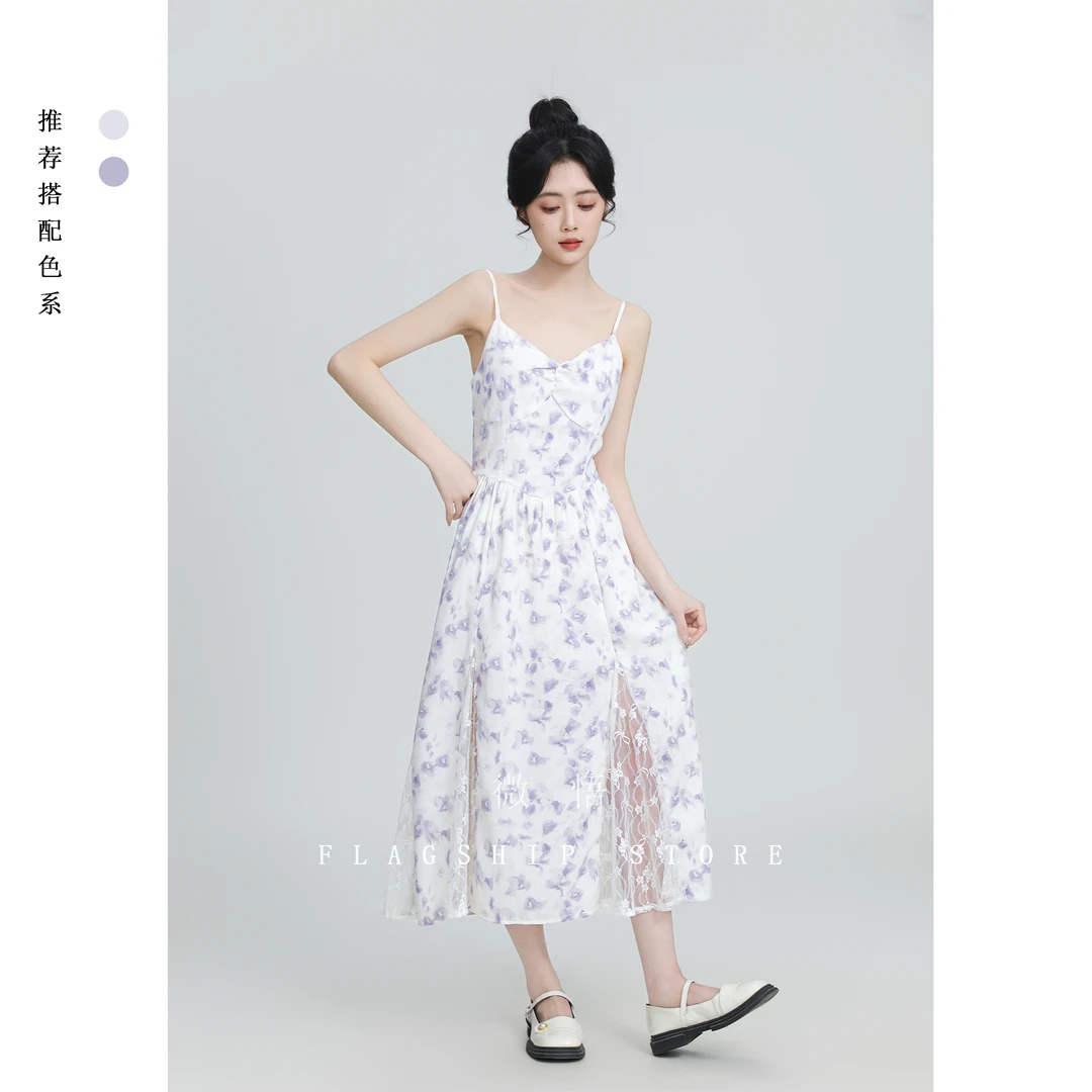 法式碎花吊带裙女2025春夏新款海边度假收腰a字连衣裙无袖长裙子