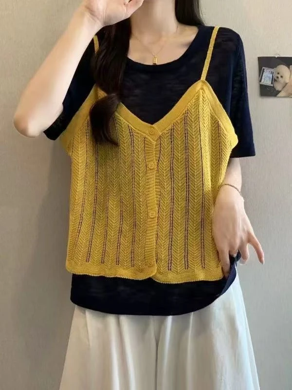 DALIANSU/大脸酥-4575  夏季设计感吊带假两件短袖上衣