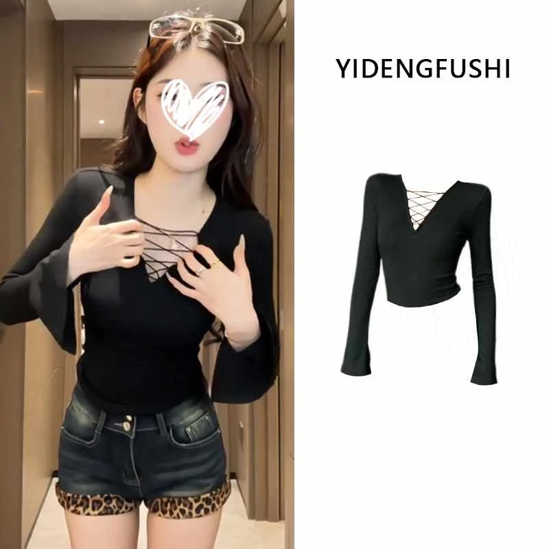 艺等YIDENG黑色磨毛交叉绑带V领T恤女修身弹力气质性感内搭上衣