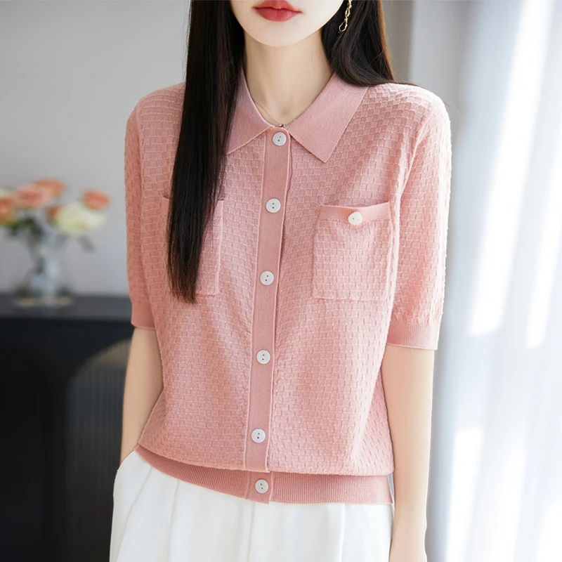 甄选桑蚕丝修身针织t恤夏季时尚POLO领短袖 高端轻奢小香风半截袖