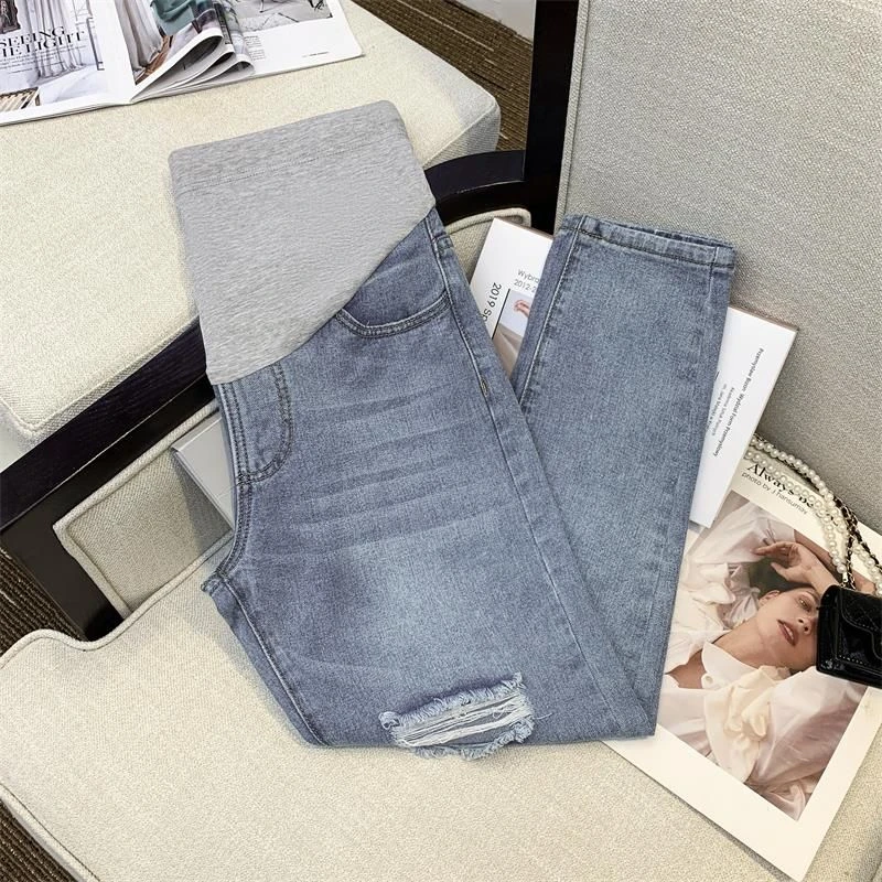 孕妇牛仔裤春秋新款外穿哈伦裤修身显瘦老爹裤九分萝卜裤小个子女