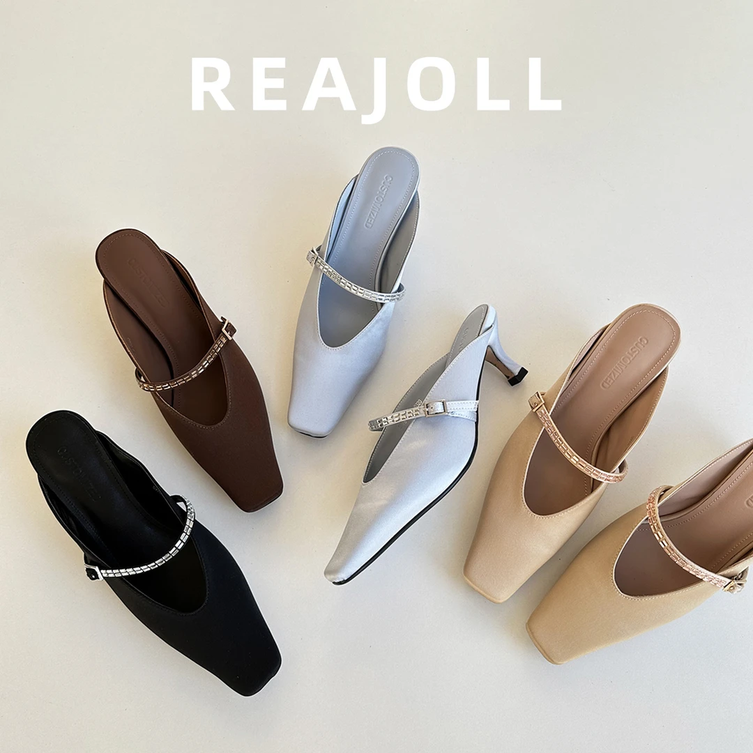 法式小众设计方头一字带方头猫跟细跟包头拖鞋女外穿时尚百搭