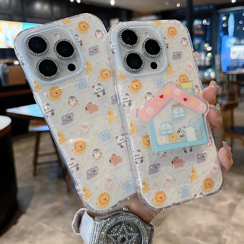 适用苹果系列iPhone16新款手机壳小众可爱闪粉小动物半包大孔透气