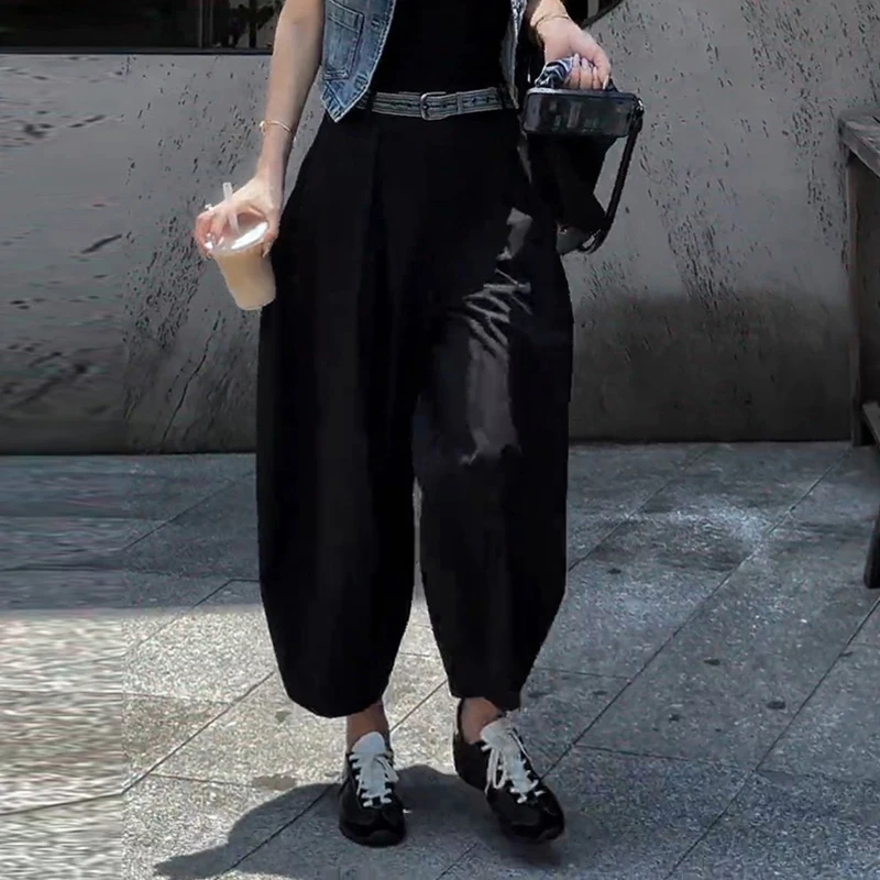 女裤夏季休闲裤黑色气质阔腿哈伦裤垂坠感小个子休闲国风灯笼裤女