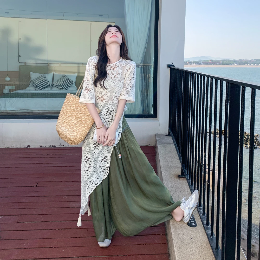 今年流行超好看爆款套装裤女2025夏季新款不规则罩衫阔腿裤两件套