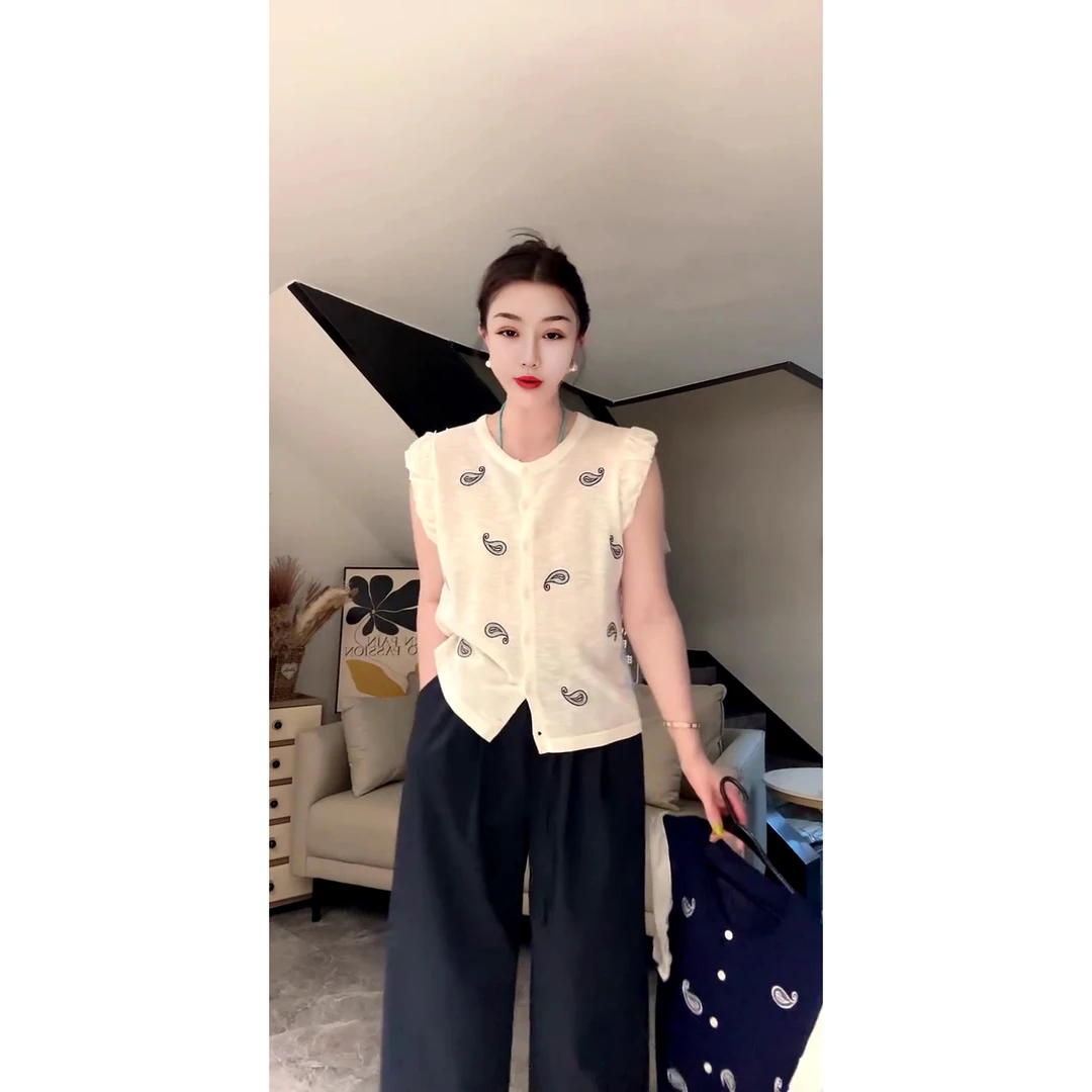 欧货刺绣腰果花飞飞袖针织开衫夏季单排扣宽松百搭上衣女