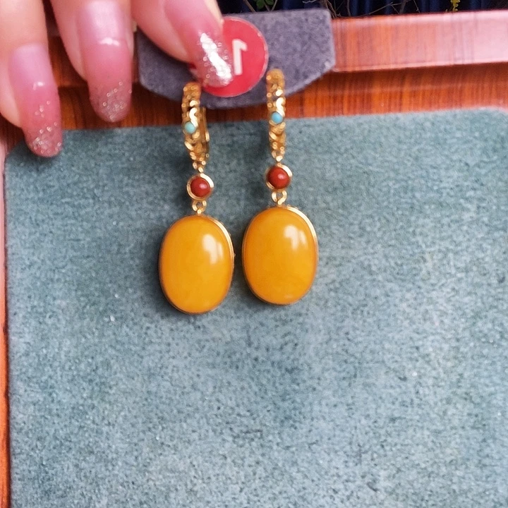 蜜蜡银S925镶嵌耳饰耳环