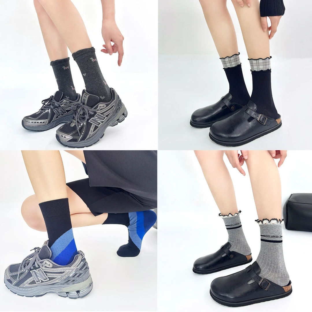 秋冬新品女棉袜设计师款复古简约装饰休闲百搭提花字母手工搭配鞋