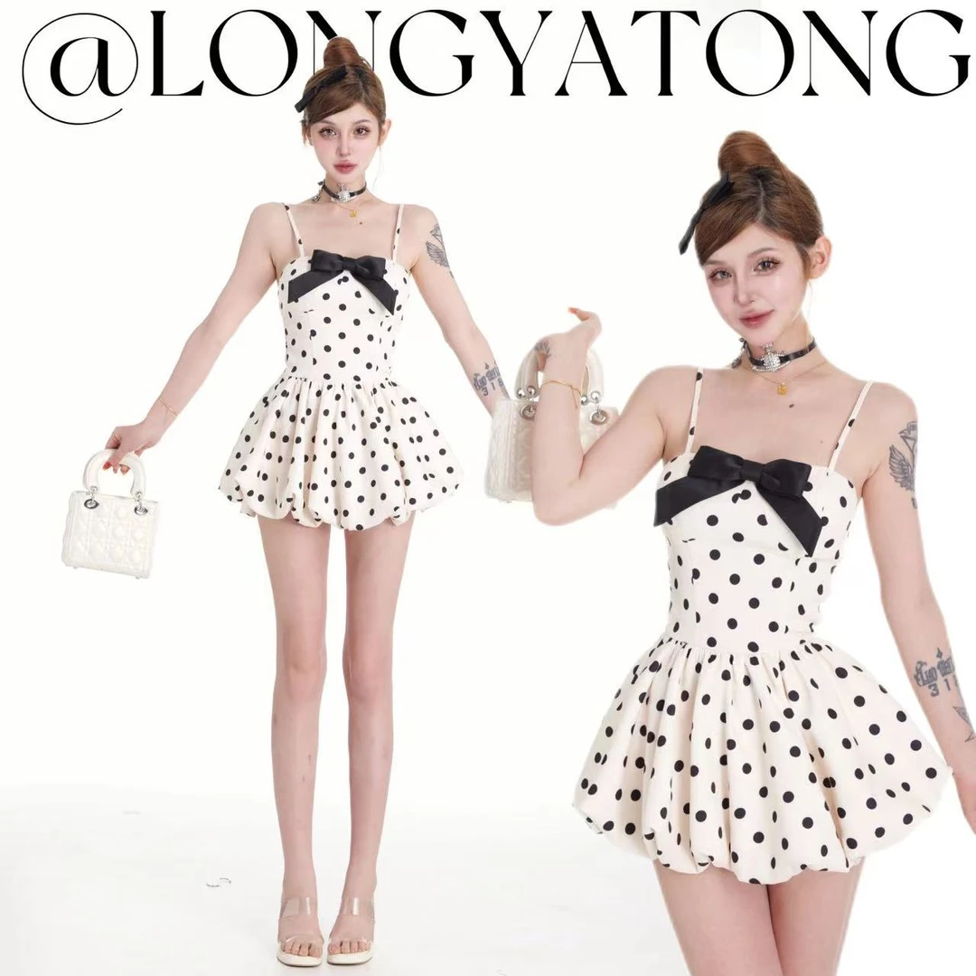 （清）龙牙童推荐【元气圆舞】显瘦法式甜妹连衣裙波点吊带裙韩版性感