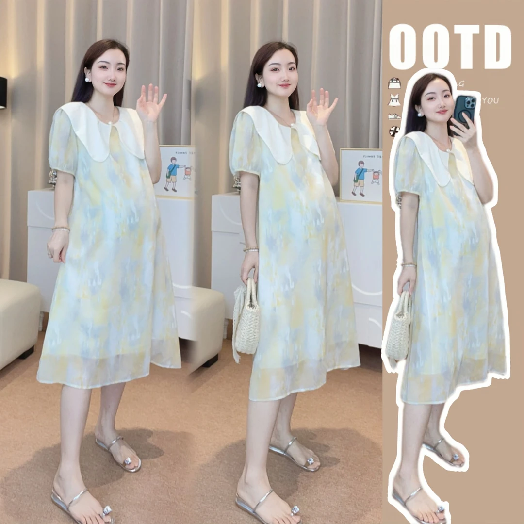 【橙子】孕妇夏季时尚中长款孕妇连衣裙薄荷曼波扎染娃娃领假两件