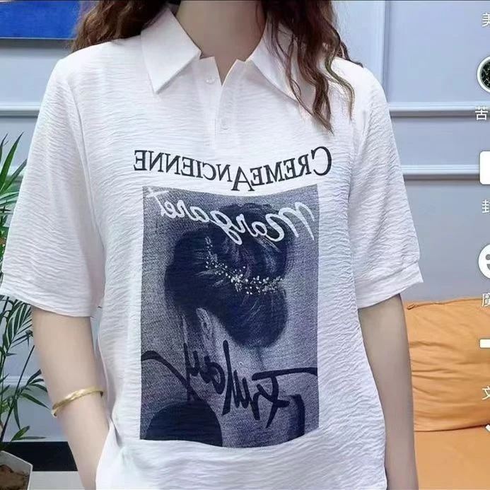 【美女图POLO领】女士夏季polo领中长款衬衫宽松短袖遮肚显瘦T恤