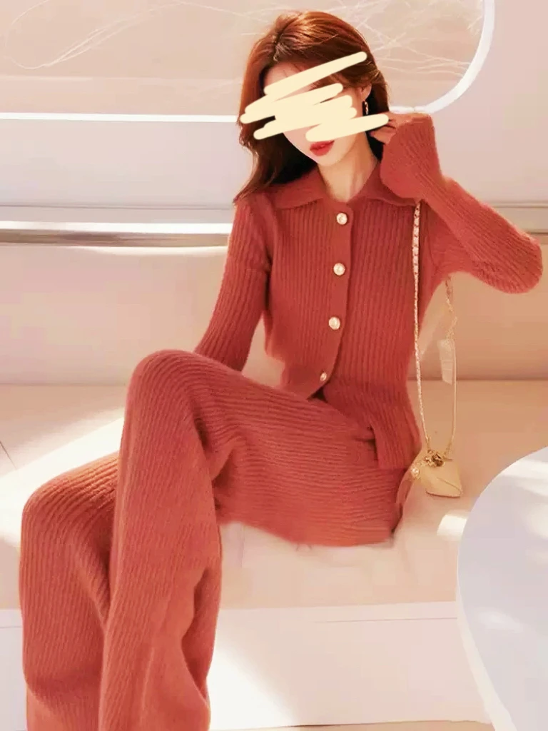 291【两件套】韩系复古百搭简约毛衣开衫+阔腿裤 套装（K26）