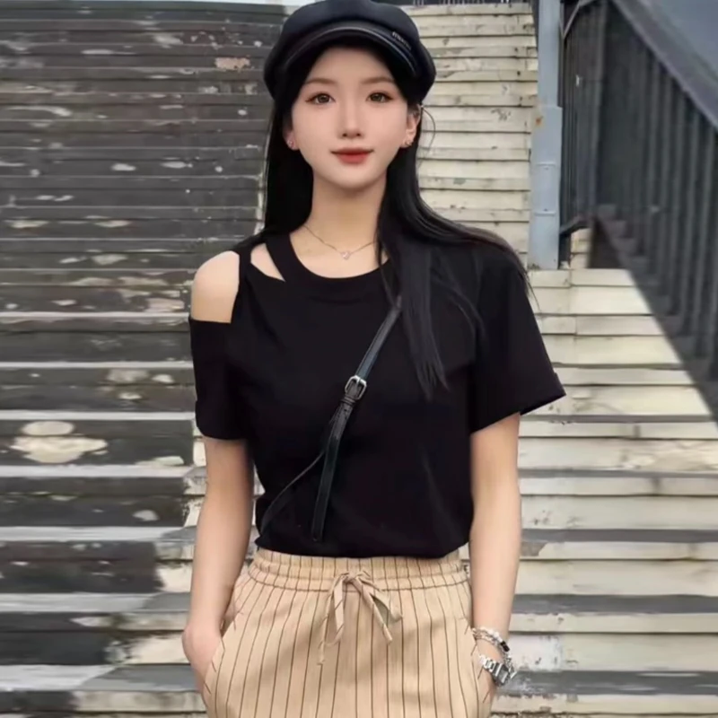 商场同款2024夏季新款露肩简约基础百搭短袖T恤女圆领纯色5301007