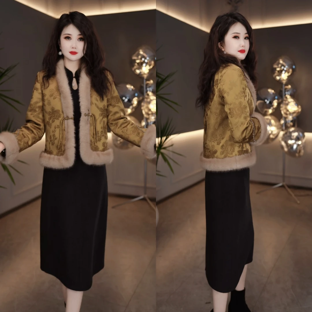 外套+连衣裙 2025冬季新中式带毛领贵气轻奢国风提花套装裙M-4XL