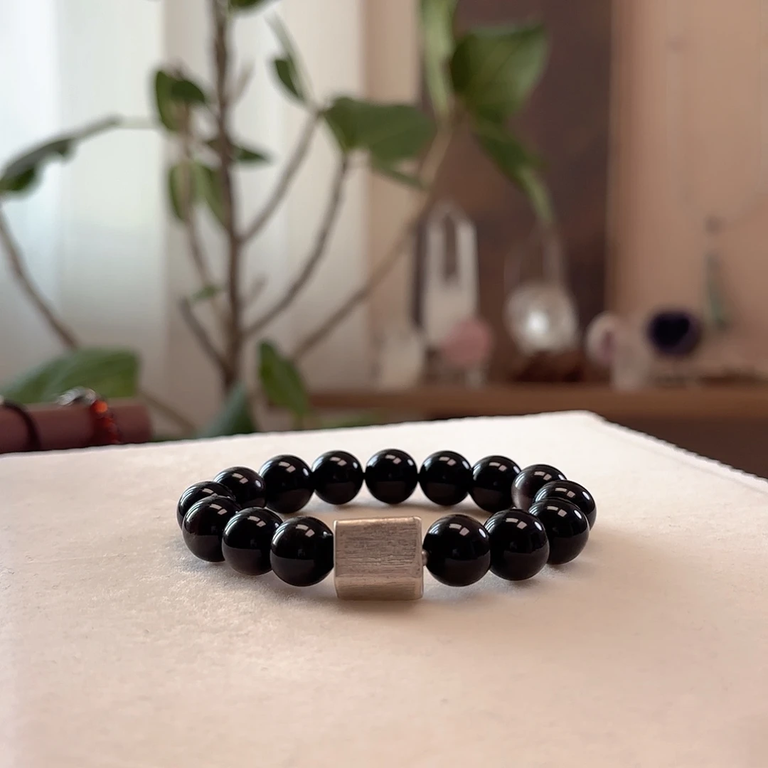 黑曜岩银S925镶嵌手链12mm