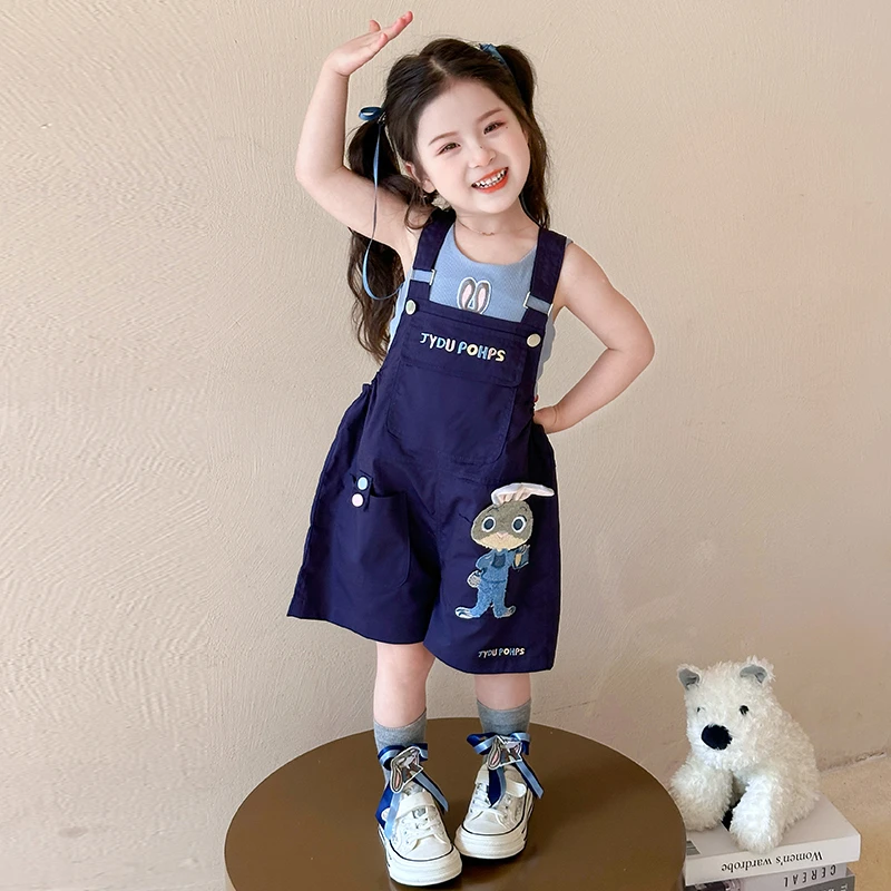 朱迪警官女童背带短裤套装夏季2025新款儿童背心两件套宝宝薄衣服