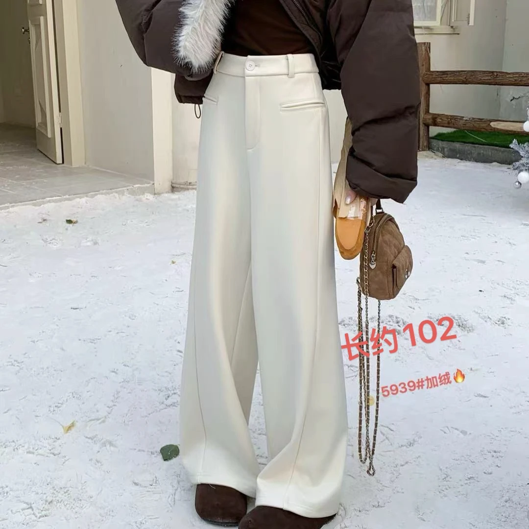5939-28合作品牌新款加绒加厚高腰宽松阔腿休闲直筒裤显瘦百搭