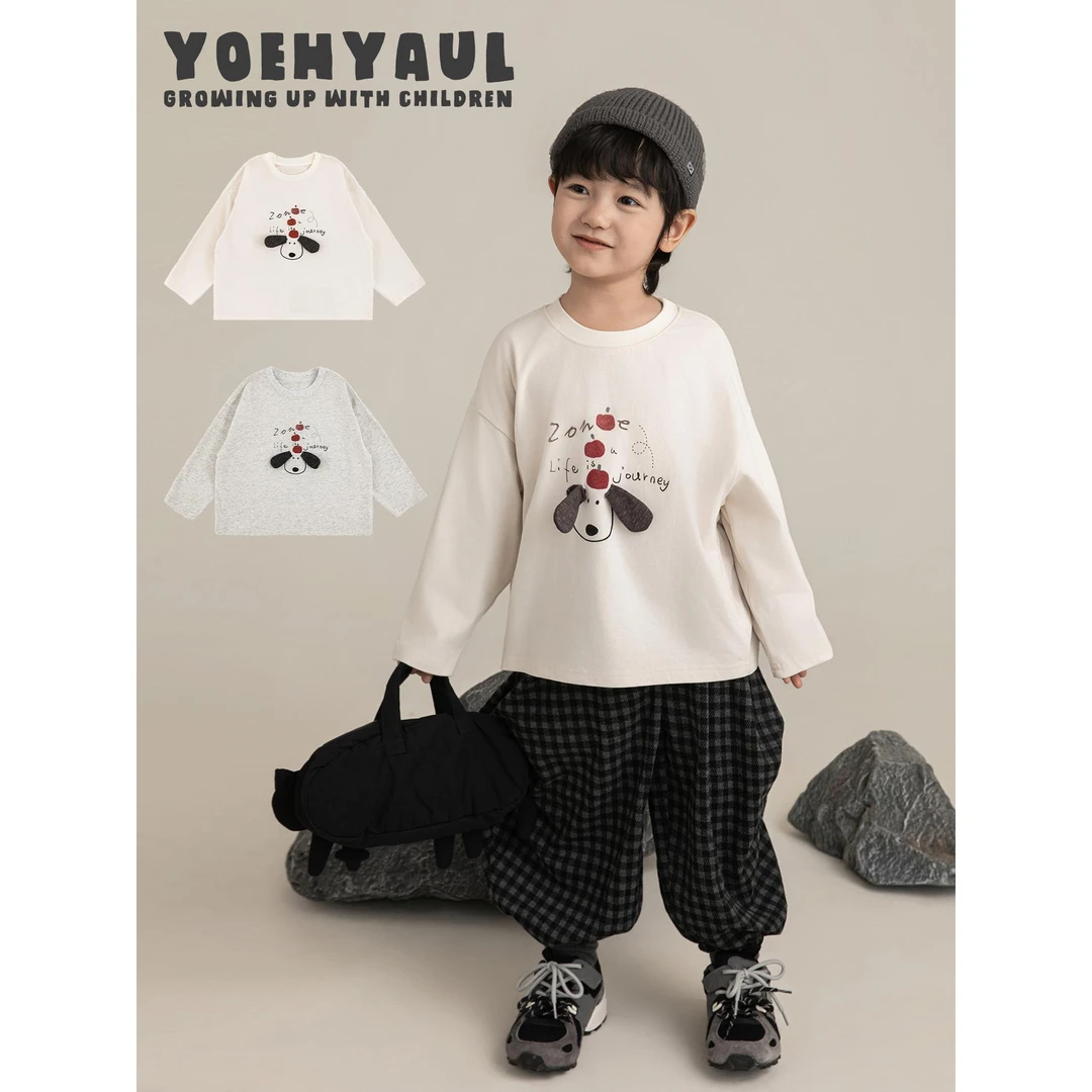YOEHYAUL/幼悠冬壹波 轻柔舒芙绒 童趣休闲小狗圆领打底衫 N7224