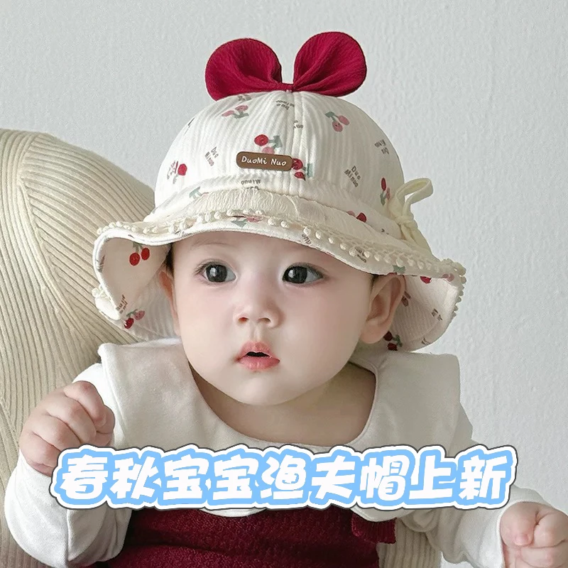 韩版女童渔夫帽秋冬季碎花蝴蝶结洋气出游儿童宝宝遮阳盆帽婴儿帽