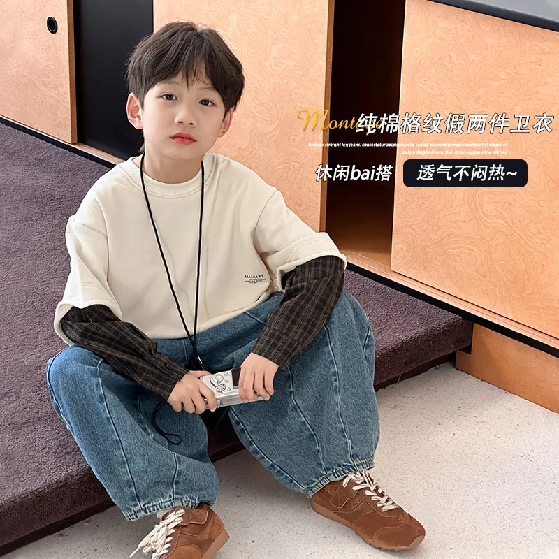 儿童长袖t恤男童打底衫春秋款假两件春季新款男孩韩系上衣酷帅潮t