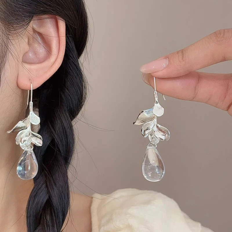 合金亚克力耳饰 冷淡风透明水滴金属叶子耳环超仙气质清冷耳钉