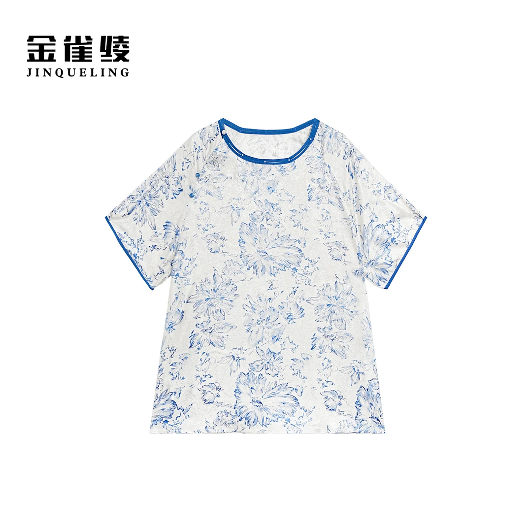 金雀绫【青花入梦】桑蚕丝新中式设计师透气大码女装衬衫SZA1S259