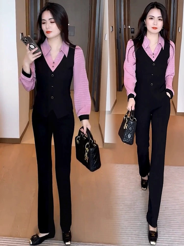 洋气套装女2025秋季新款气质显瘦减龄长袖拼接衬衣微喇裤两件套