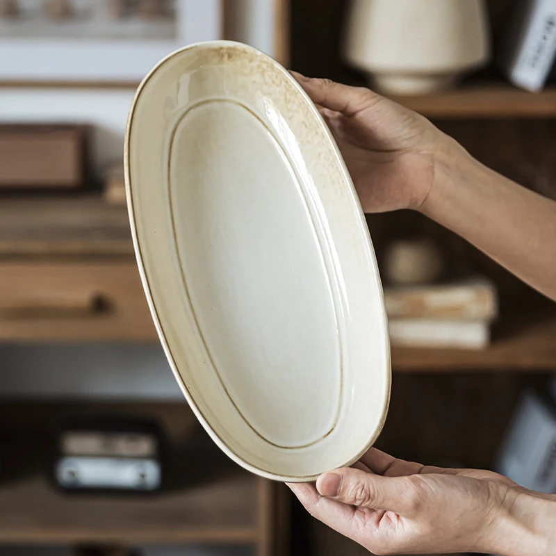 复古高颜值小龙虾盘子鱼盘椭圆形日料盘子家用陶瓷蒸鱼盘日式菜盘