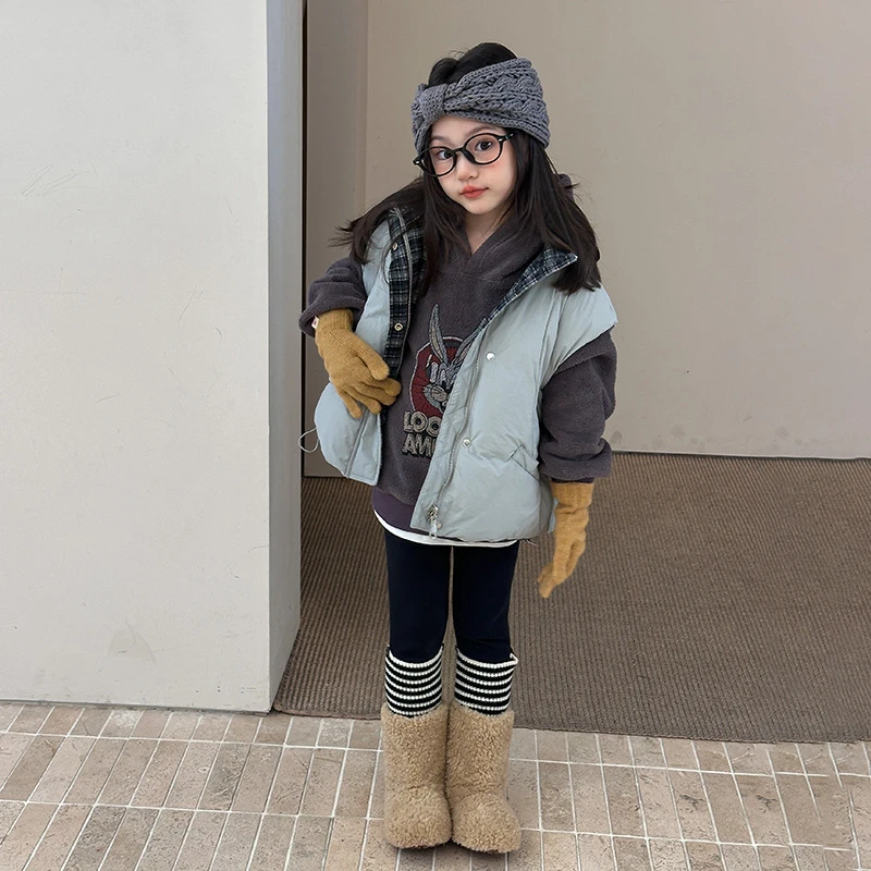 【两面穿】女童冬季保暖空变棉感坎肩儿童立领格子棉马甲25H039