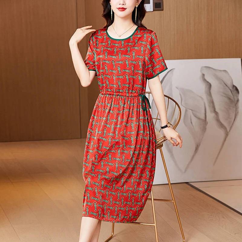春夏季2023新款中年妈妈休闲修身收腰高腰印花中长裙子连衣裙