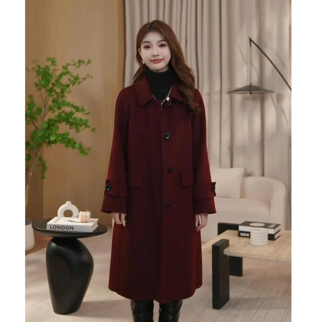 【曼贝】专柜双面绵羊毛大衣新款时尚外套安哥拉红8384007【珮珮】