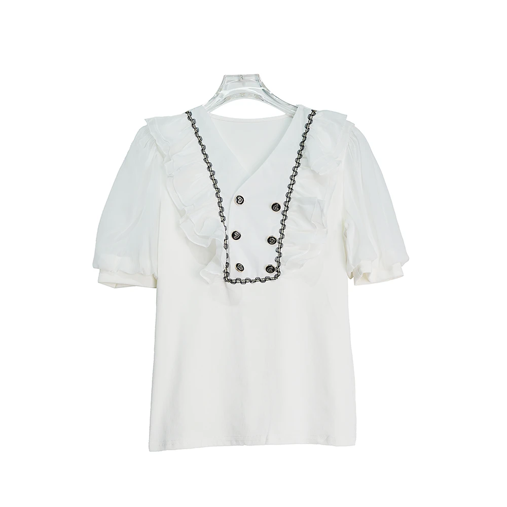 小众设计感双排扣荷叶边V领白色短袖9638X