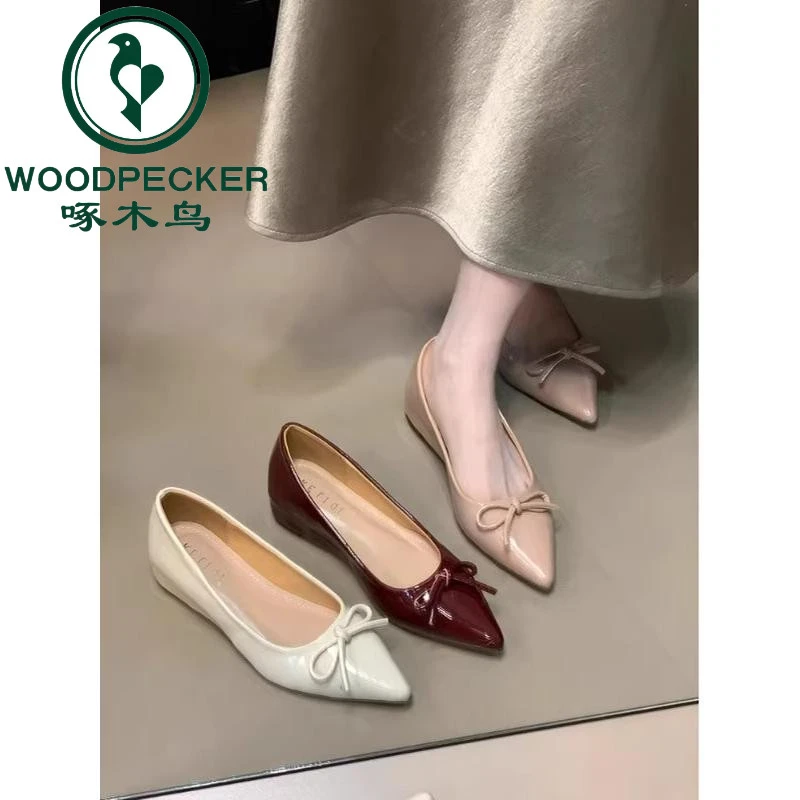 啄木鸟法式裸色尖头单鞋女2025新款小个子内增高平底鞋百搭晚晚鞋