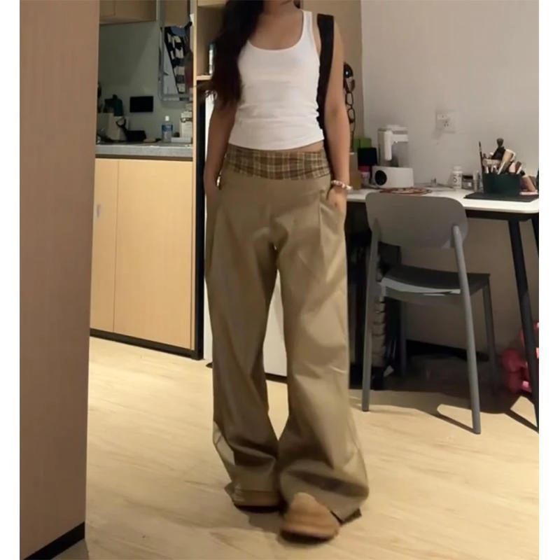 美式复古卡其格纹腰头拼接休闲裤女2024秋街头vibe风直筒休闲长裤