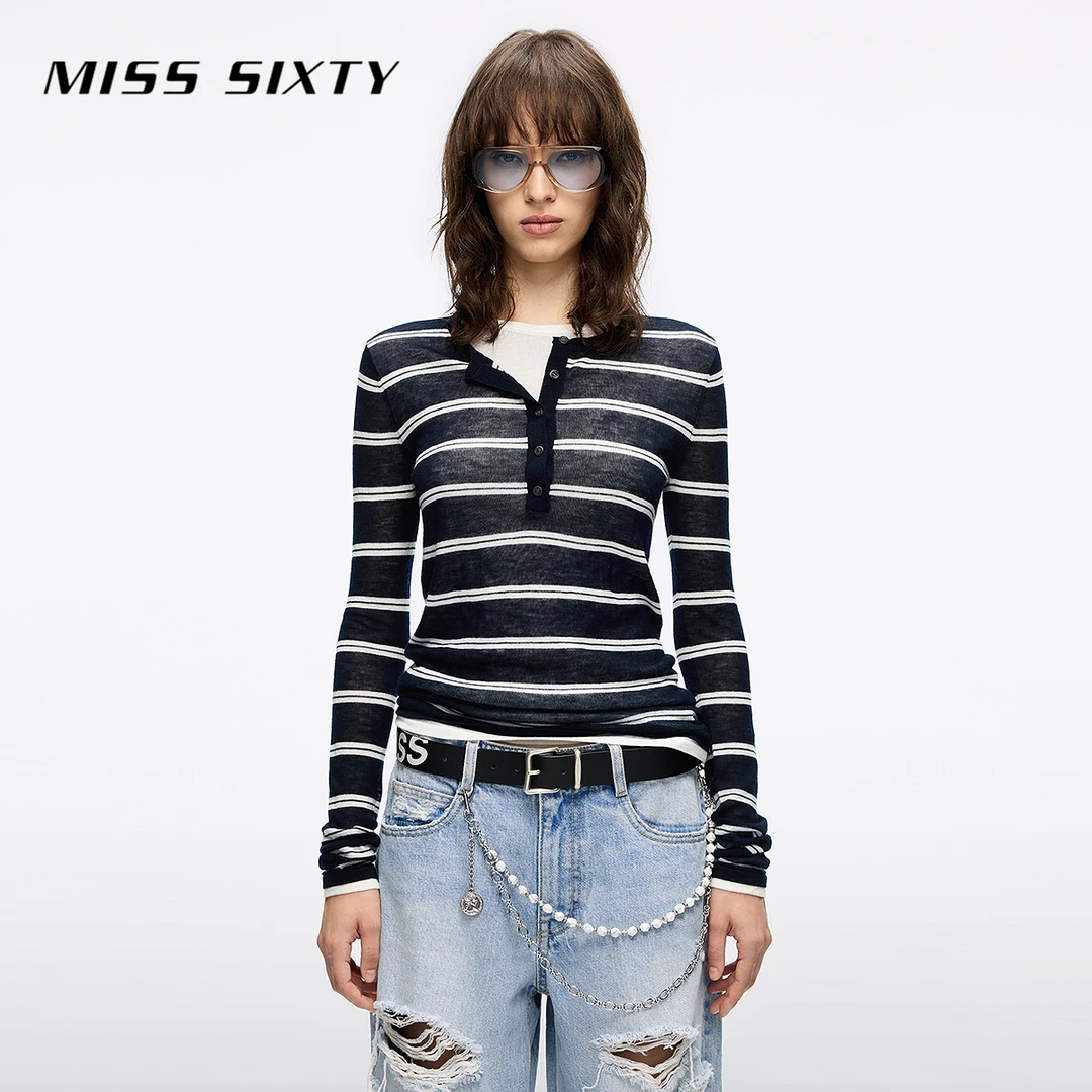 Miss Sixty2025秋季新款针织衫女亨利领羊毛假两件叠穿薄款上衣