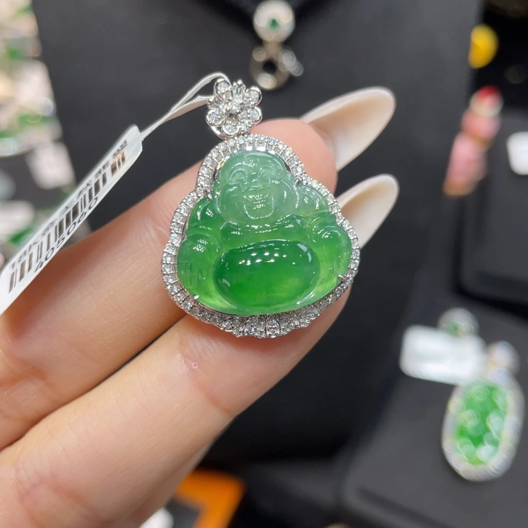 翡翠18K金镶嵌颈饰天然缅甸翡翠a货