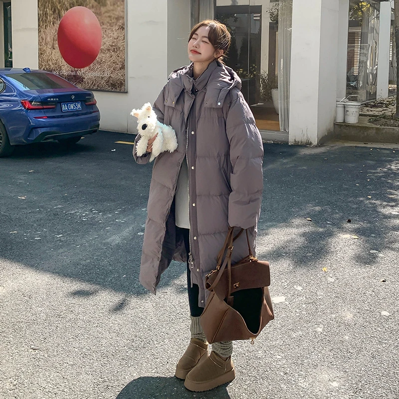 连帽韩版连帽长款羽绒服女款2025冬季高级感加厚保暖宽松面包服外