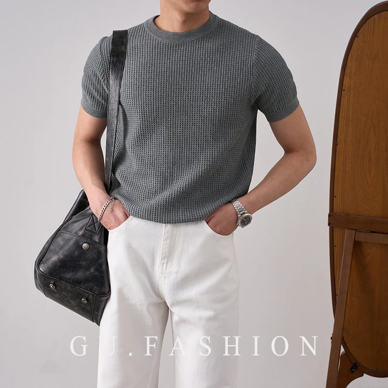 GU FASHION美式复古纯棉华夫格短袖T恤夏季休闲百搭圆领针织衫男