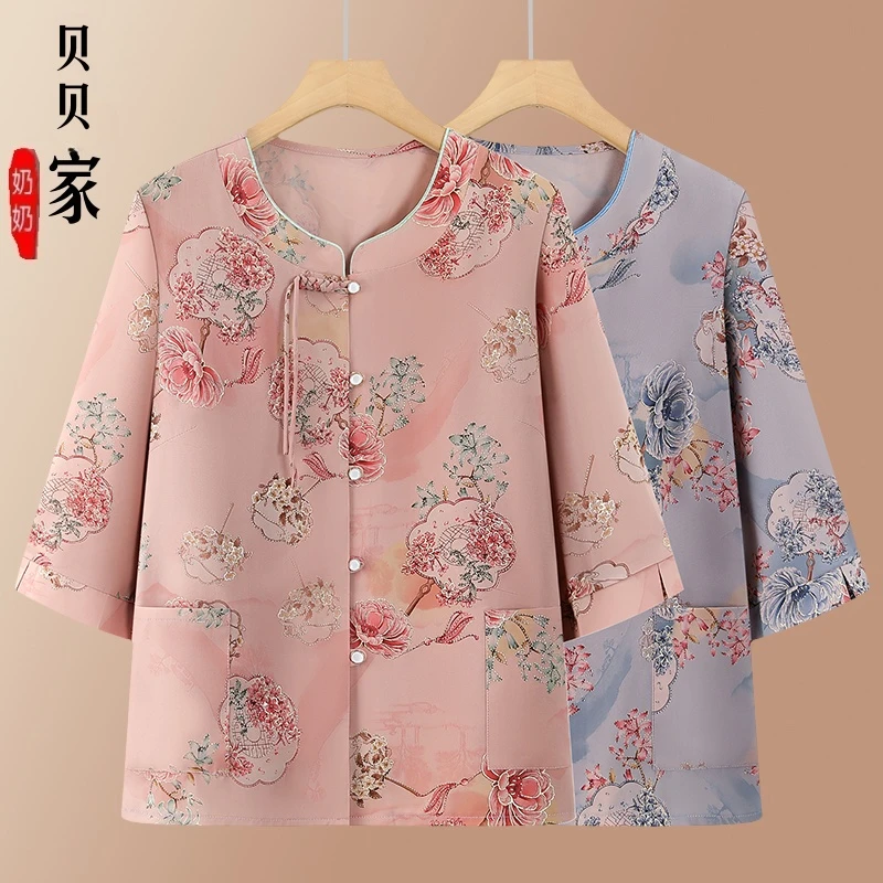 奶奶夏季七分袖上衣中老年妈妈夏装衬衫上衣老太太女新款印花衣服