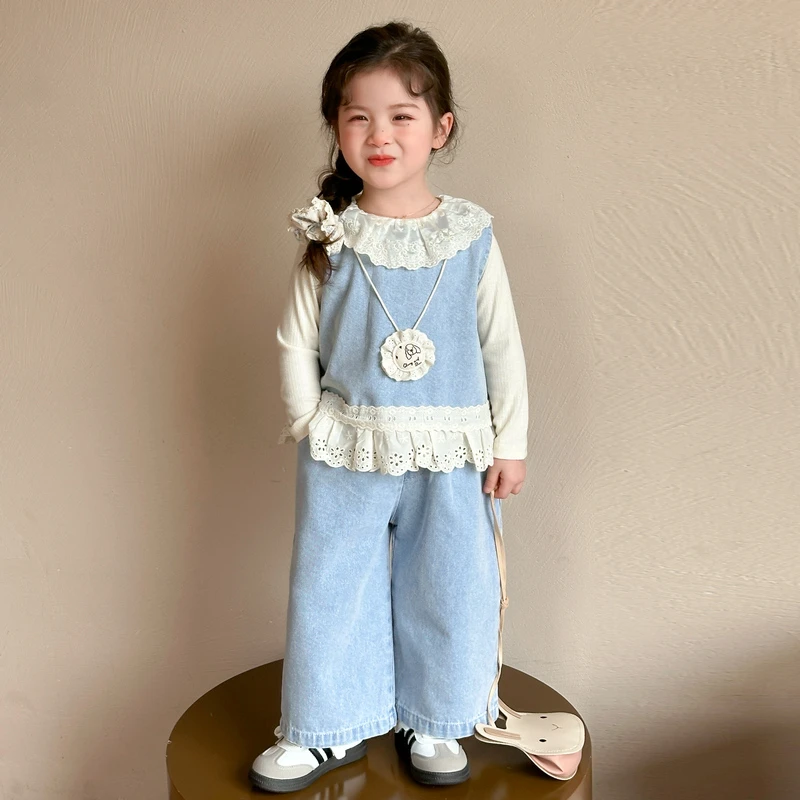 女童套装春装2025新款儿童韩版娃娃领女宝宝春季牛仔裤马甲三件套