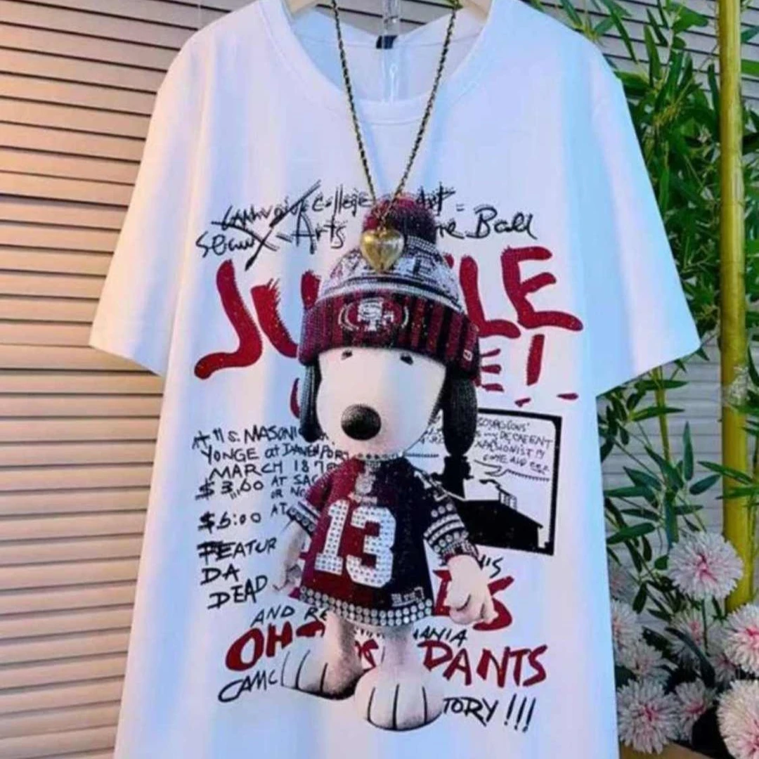 大码重工卡通印花短袖T恤女2025夏季新款宽松胖mm显瘦时尚上衣女